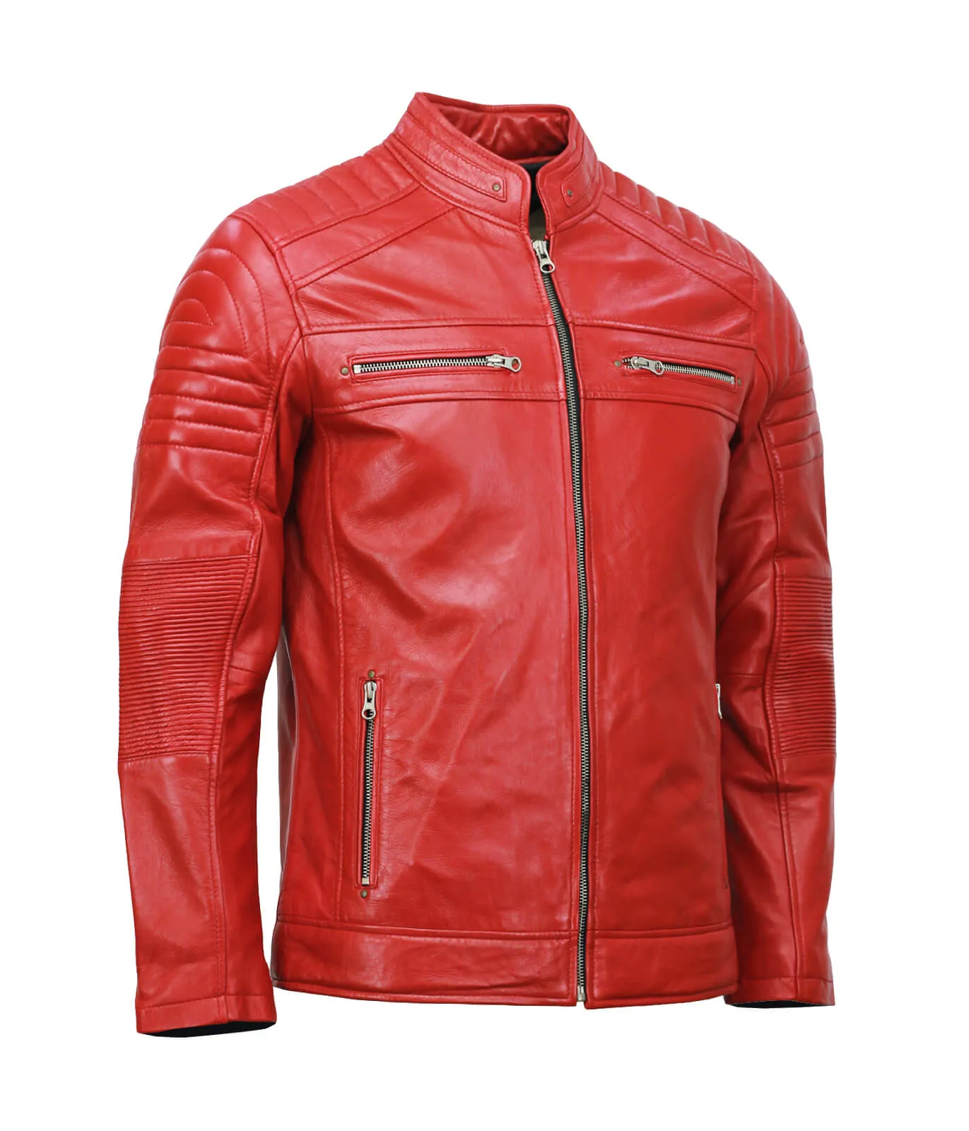 Men’s Café Racer Red Biker Leather Jacket Genuine Motorcycle Outerwear