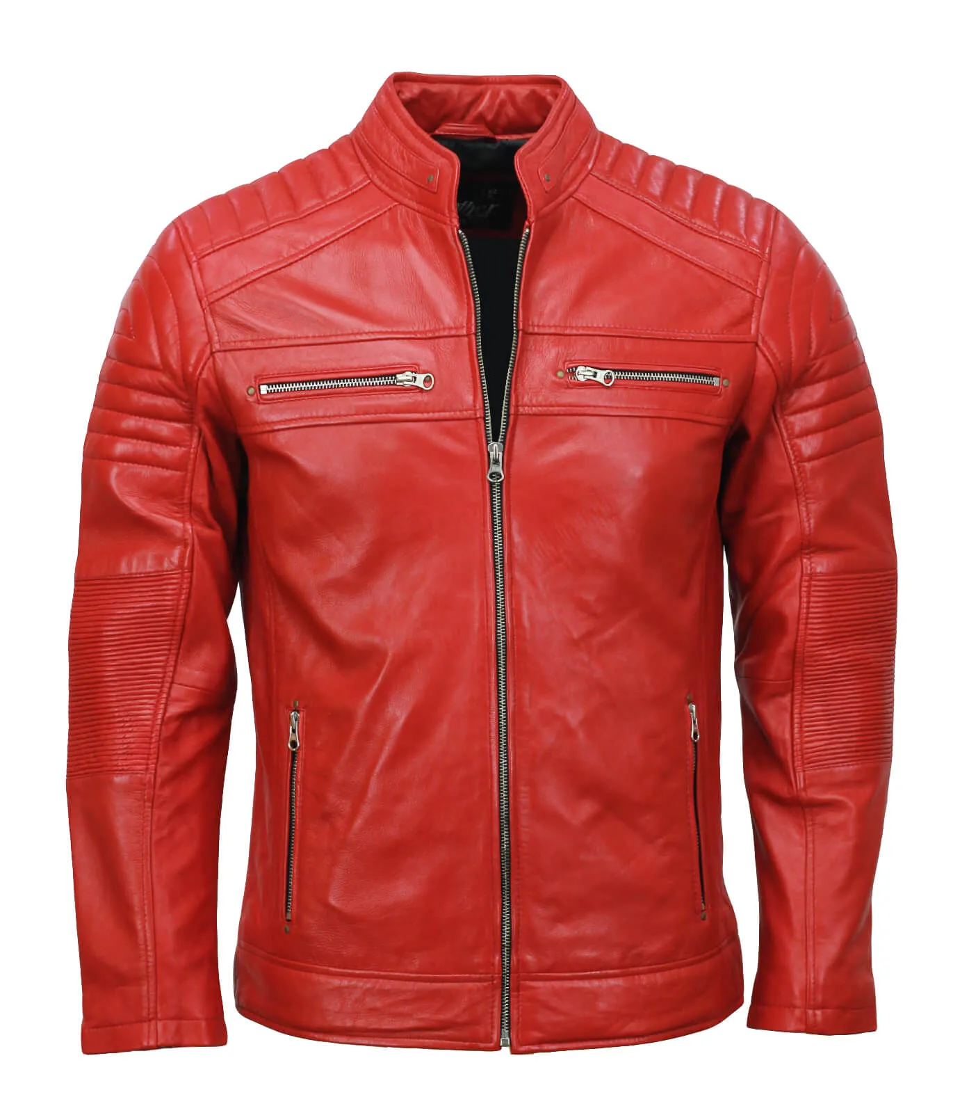 Men’s Café Racer Red Biker Leather Jacket Genuine Motorcycle Outerwear