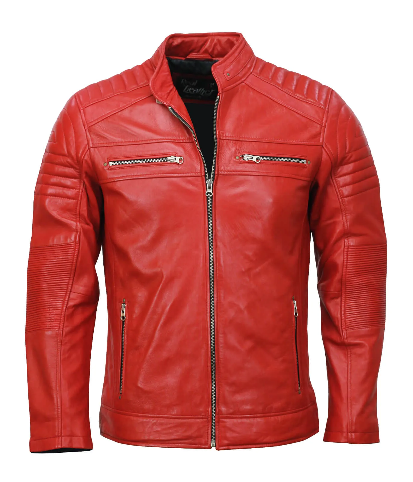 Men’s Café Racer Red Biker Leather Jacket Genuine Motorcycle Outerwear