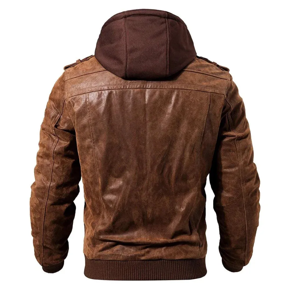 Mens Dark Brown Leather Bomber Jacket With Removable Hood