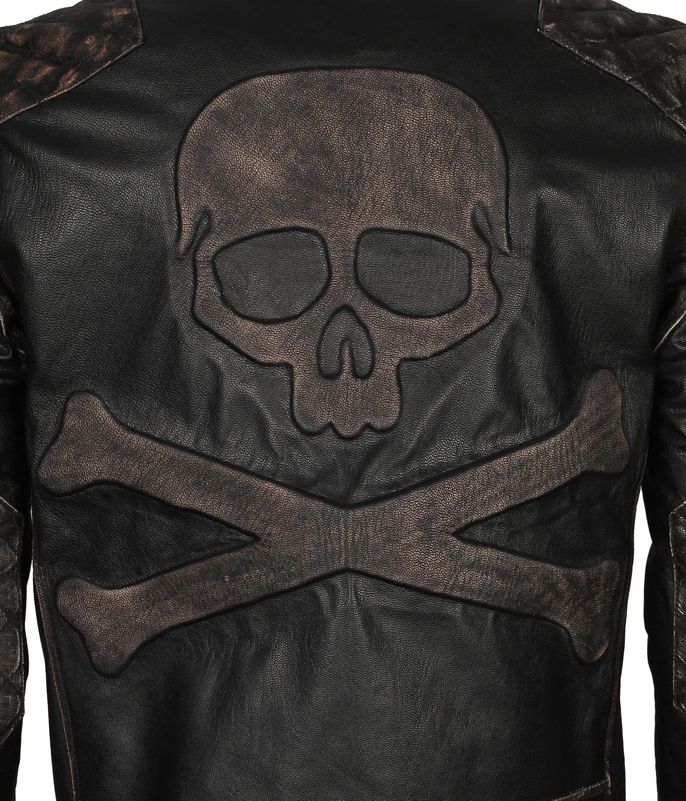 Men's Skull Crossbones Genuine Leather Motorcycle Jacket with Quilted Sleeves and RIDE Patch