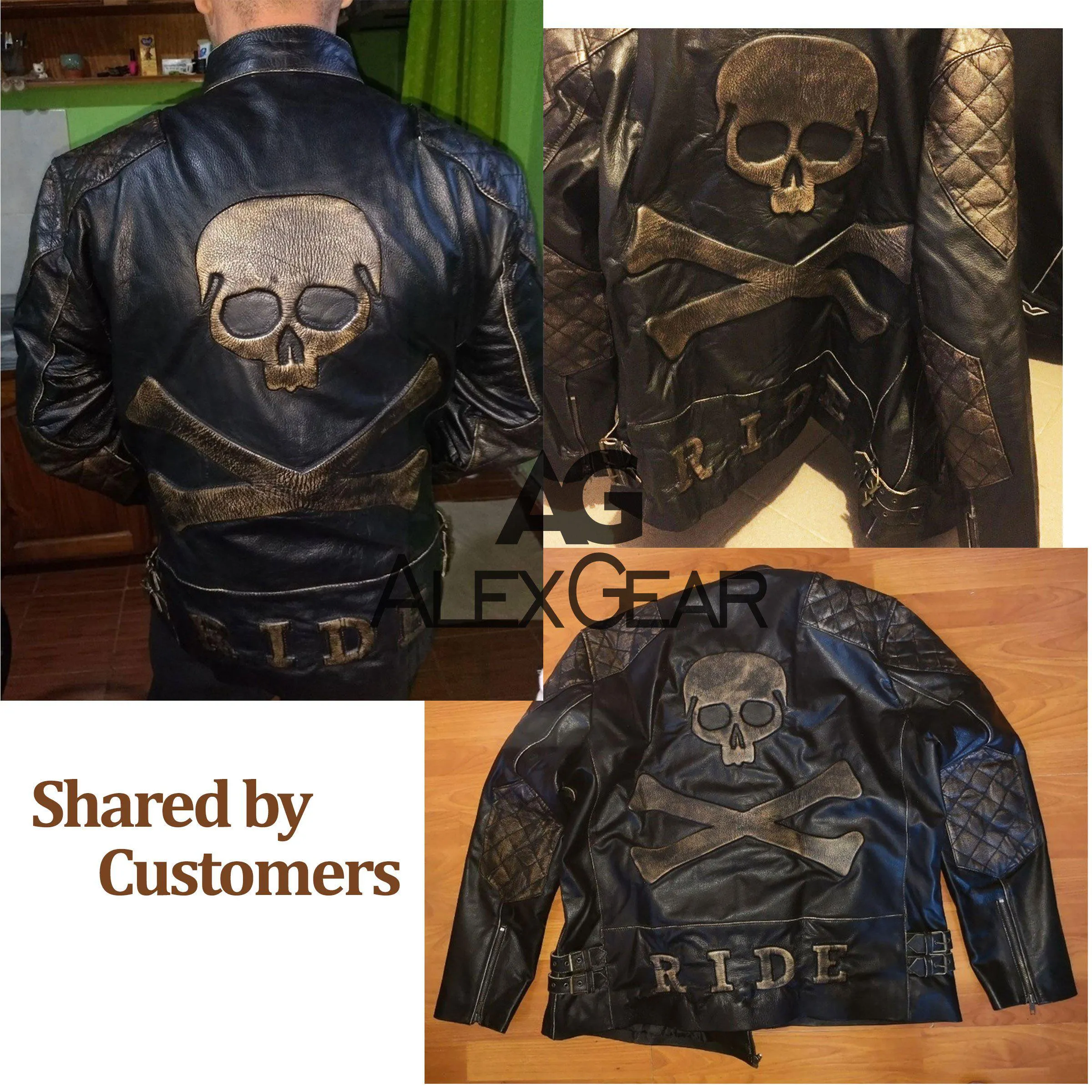 Men's Skull Crossbones Genuine Leather Motorcycle Jacket with Quilted Sleeves and RIDE Patch