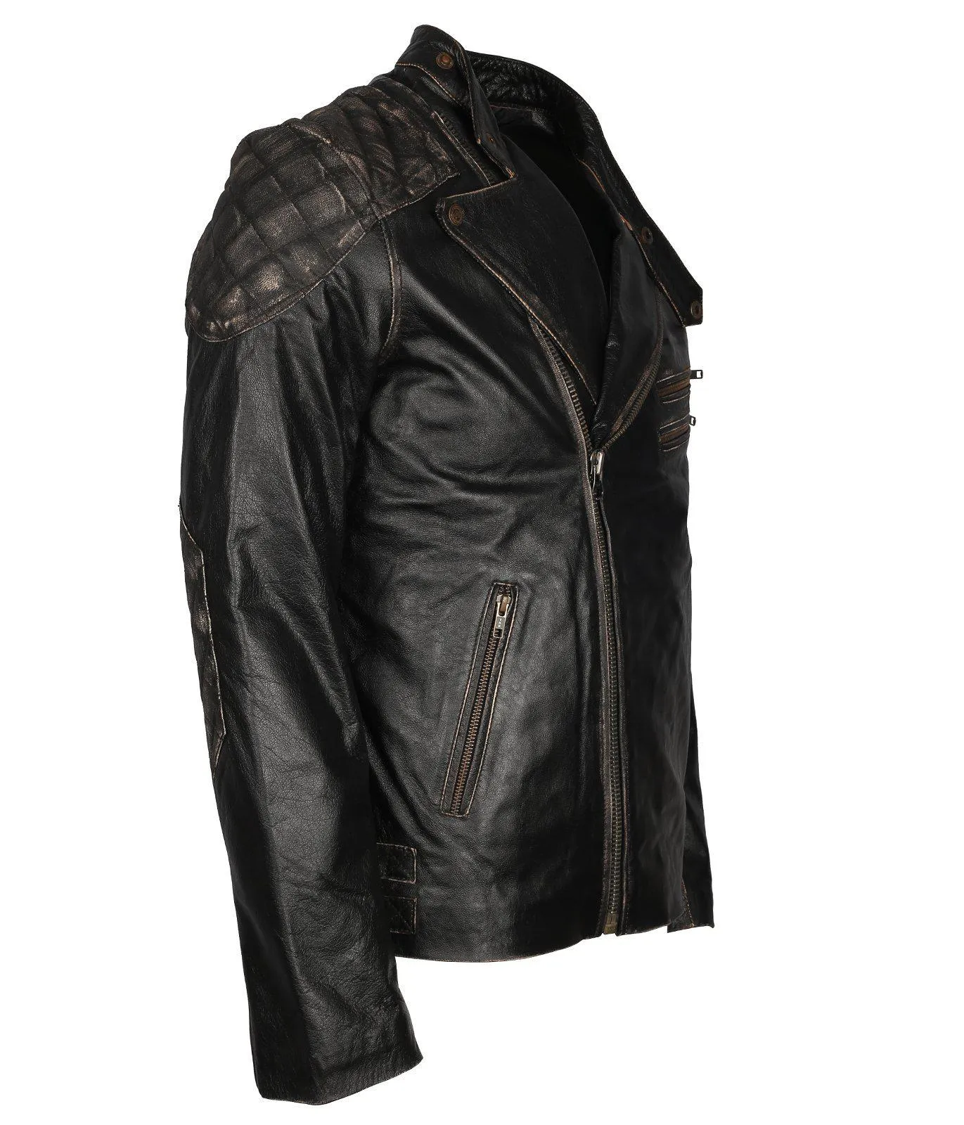 Men's Skull Crossbones Genuine Leather Motorcycle Jacket with Quilted Sleeves and RIDE Patch
