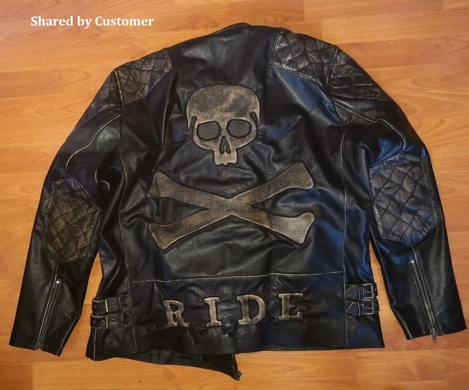 Men's Skull Crossbones Genuine Leather Motorcycle Jacket with Quilted Sleeves and RIDE Patch