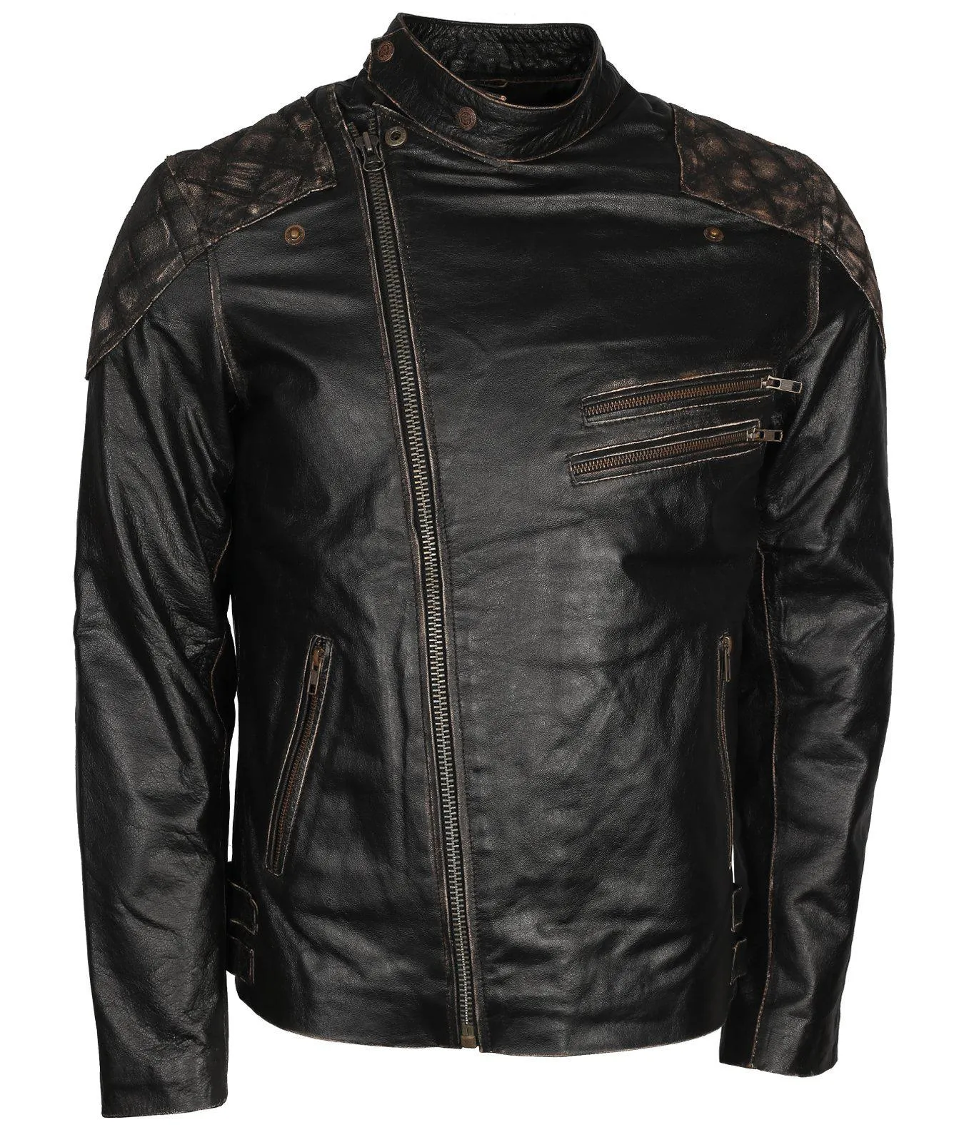 Men's Skull Crossbones Genuine Leather Motorcycle Jacket with Quilted Sleeves and RIDE Patch