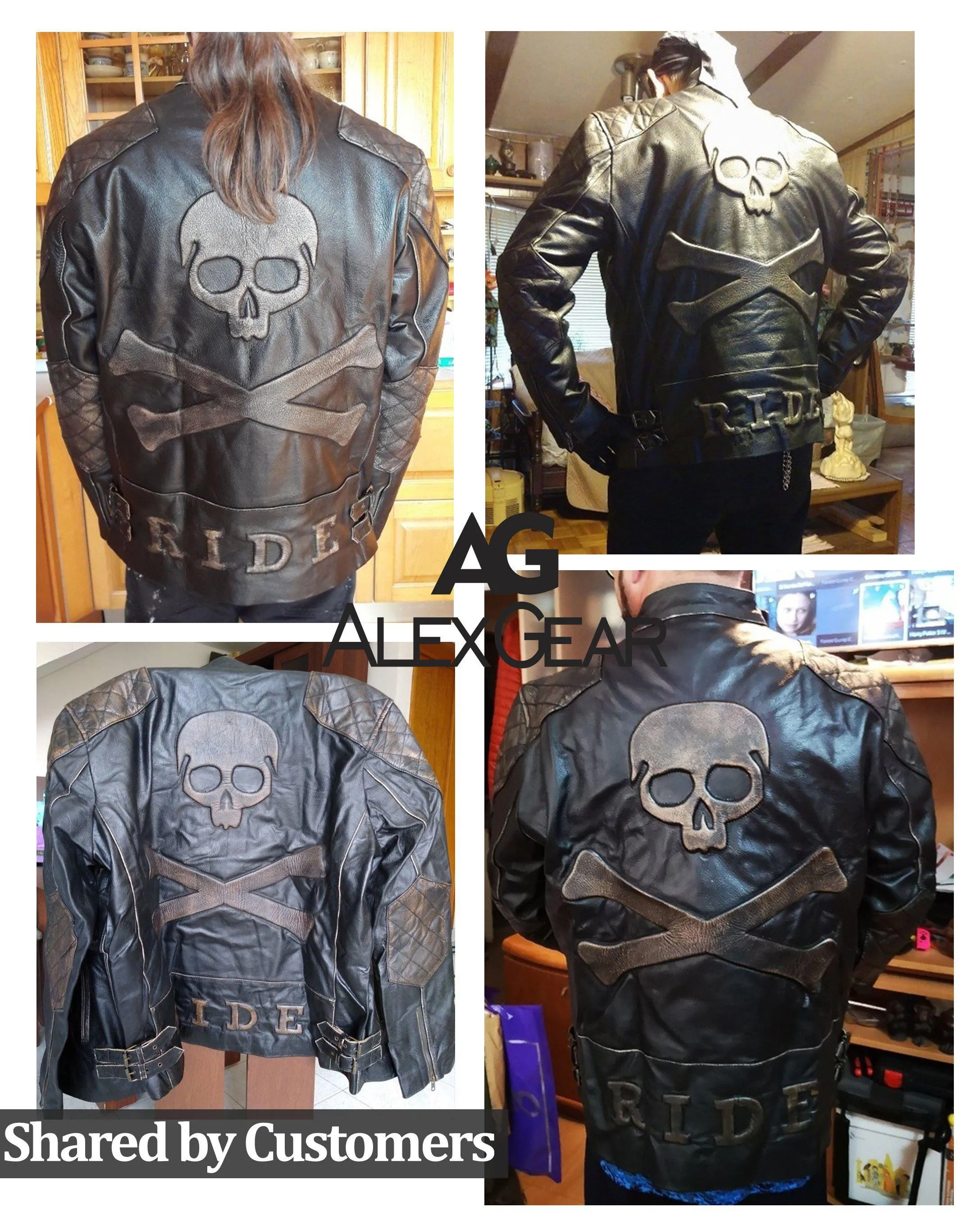 Men's Skull Crossbones Genuine Leather Motorcycle Jacket with Quilted Sleeves and RIDE Patch
