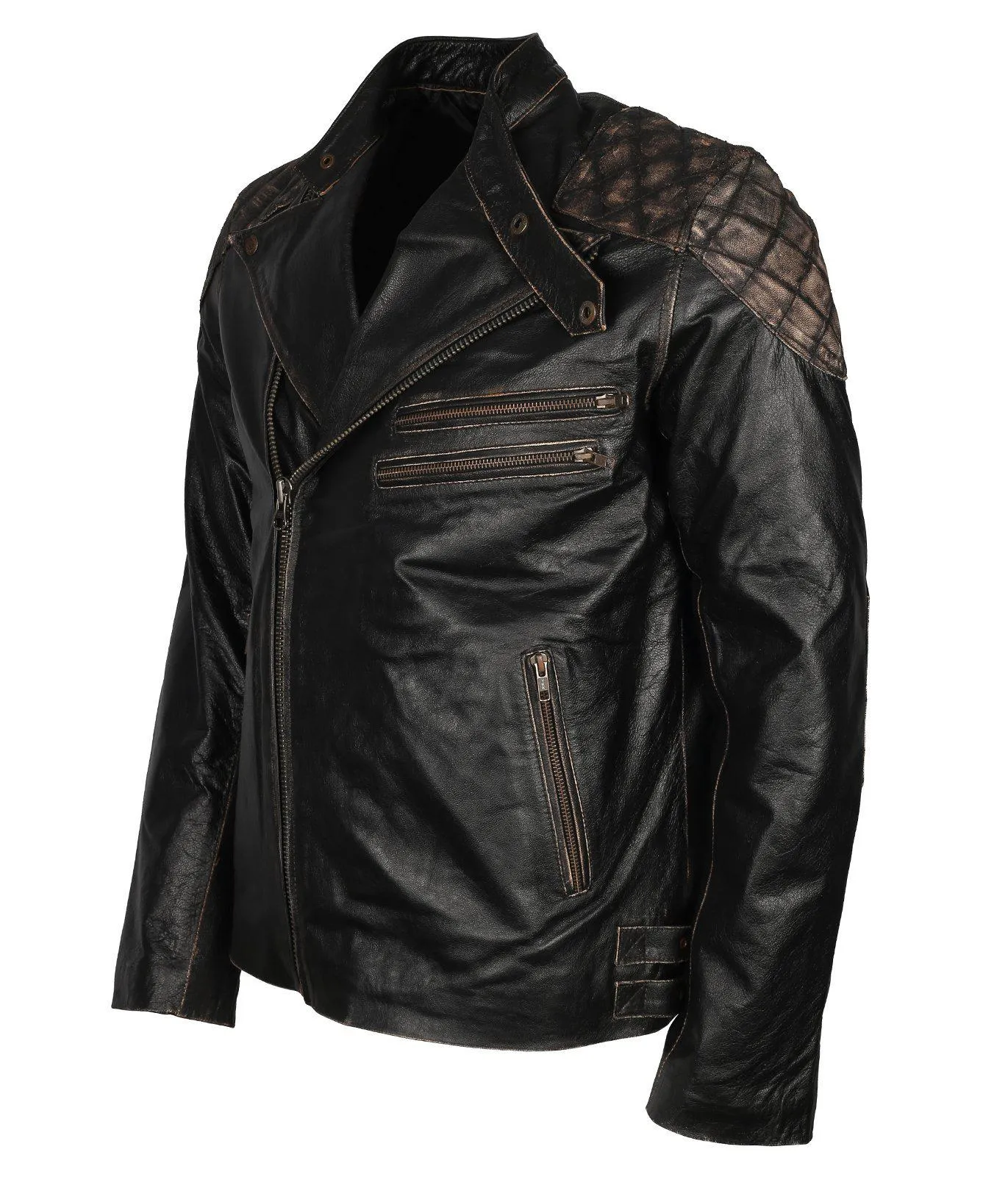 Men's Skull Crossbones Genuine Leather Motorcycle Jacket with Quilted Sleeves and RIDE Patch
