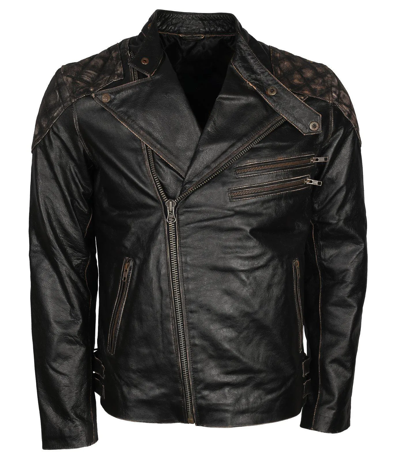 Men's Skull Crossbones Genuine Leather Motorcycle Jacket with Quilted Sleeves and RIDE Patch