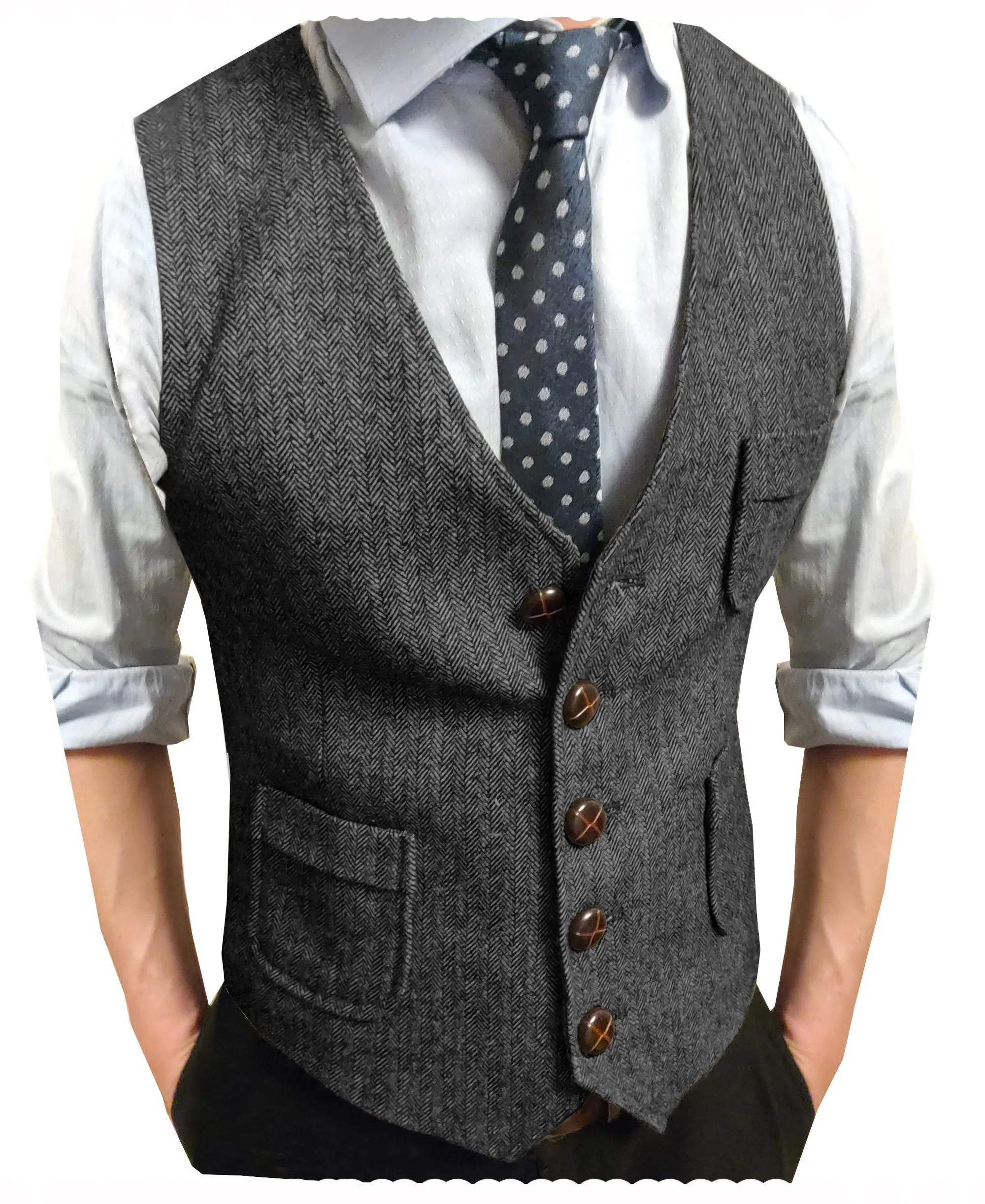 Men's Slim Fit Tweed Herringbone V Neck Waistcoat