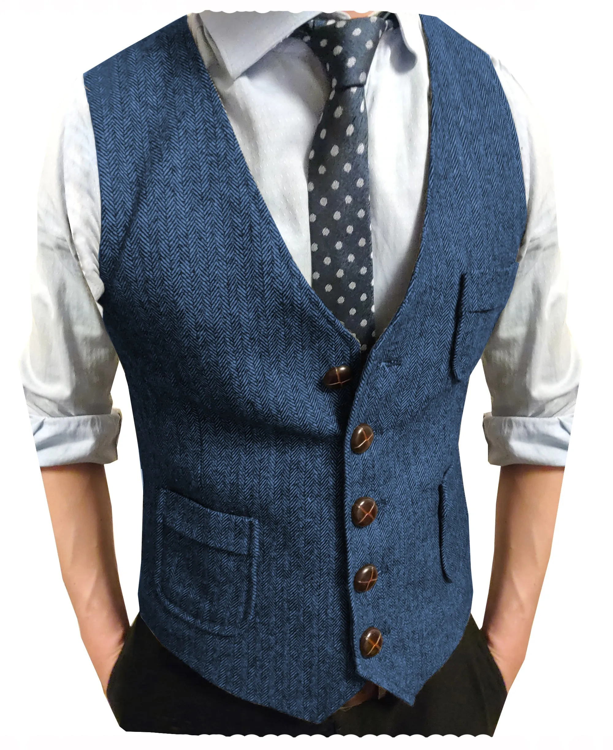 Men's Slim Fit Tweed Herringbone V Neck Waistcoat