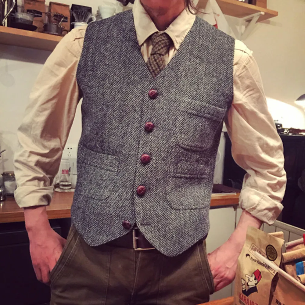 Men's Slim Fit Tweed Herringbone V Neck Waistcoat