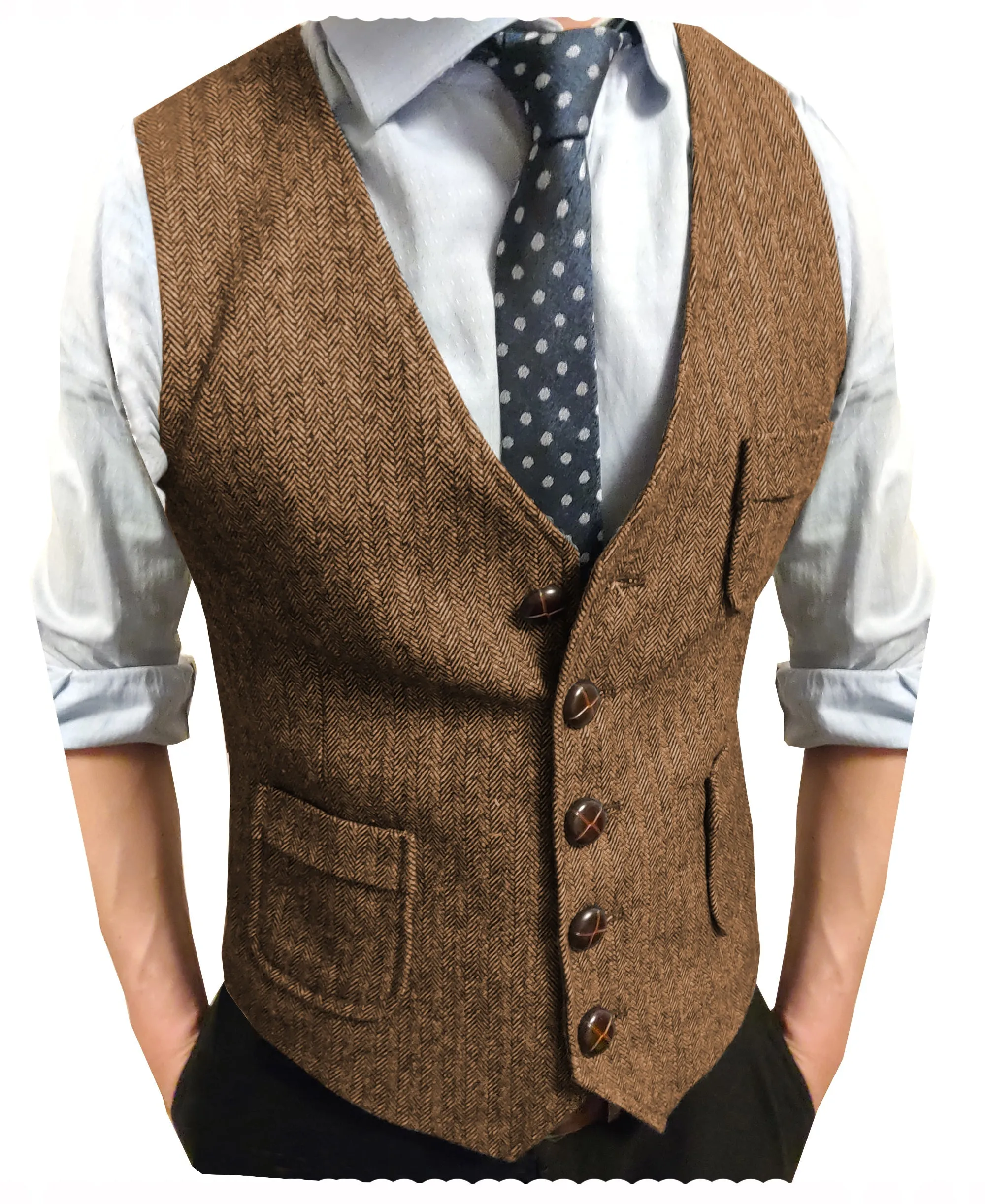 Men's Slim Fit Tweed Herringbone V Neck Waistcoat