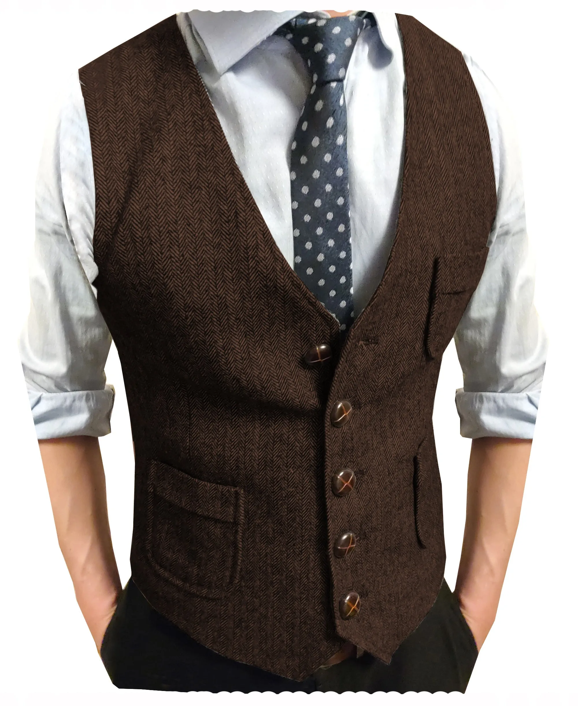 Men's Slim Fit Tweed Herringbone V Neck Waistcoat