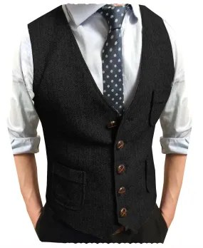 Men's Slim Fit Tweed Herringbone V Neck Waistcoat