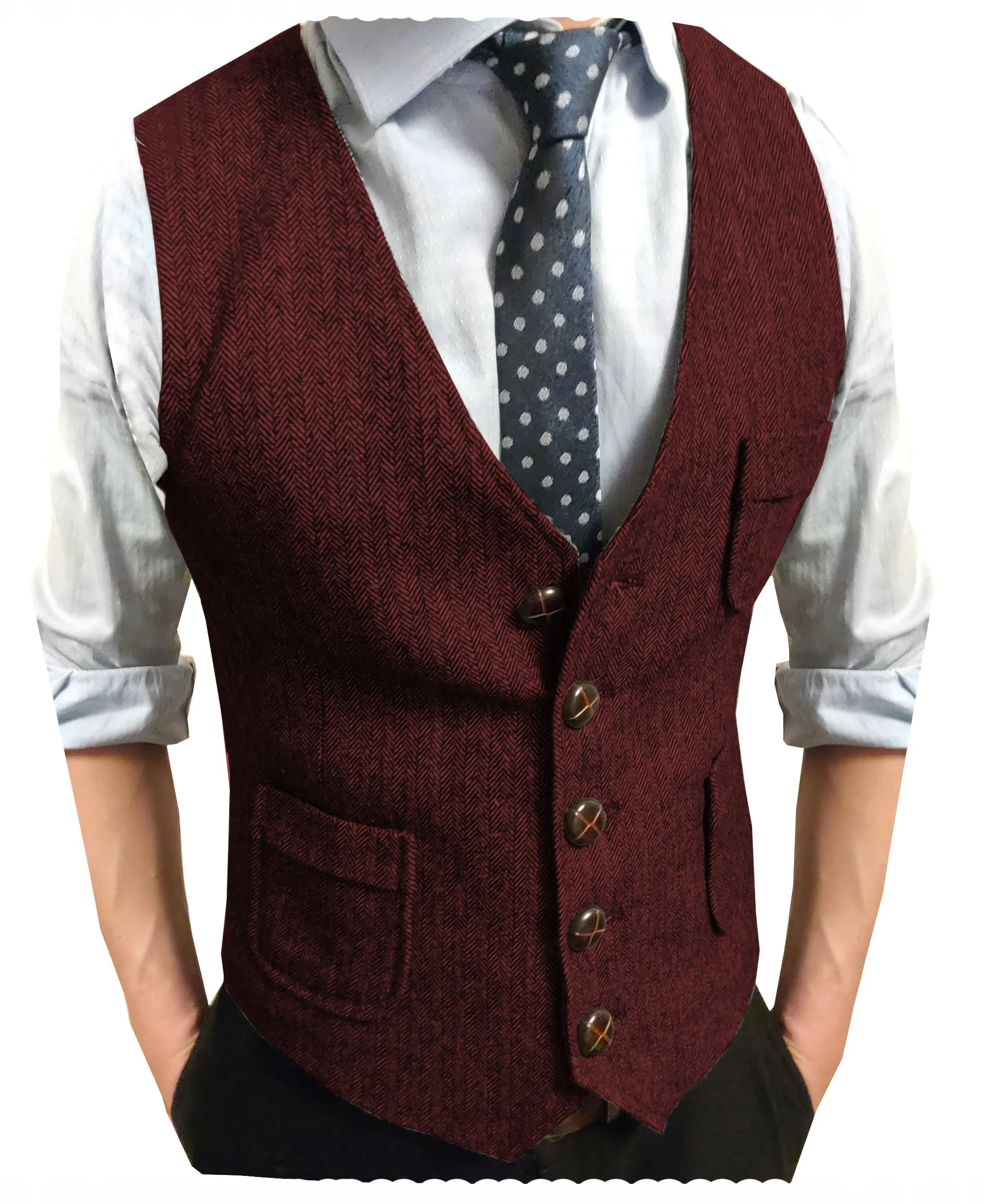 Men's Slim Fit Tweed Herringbone V Neck Waistcoat
