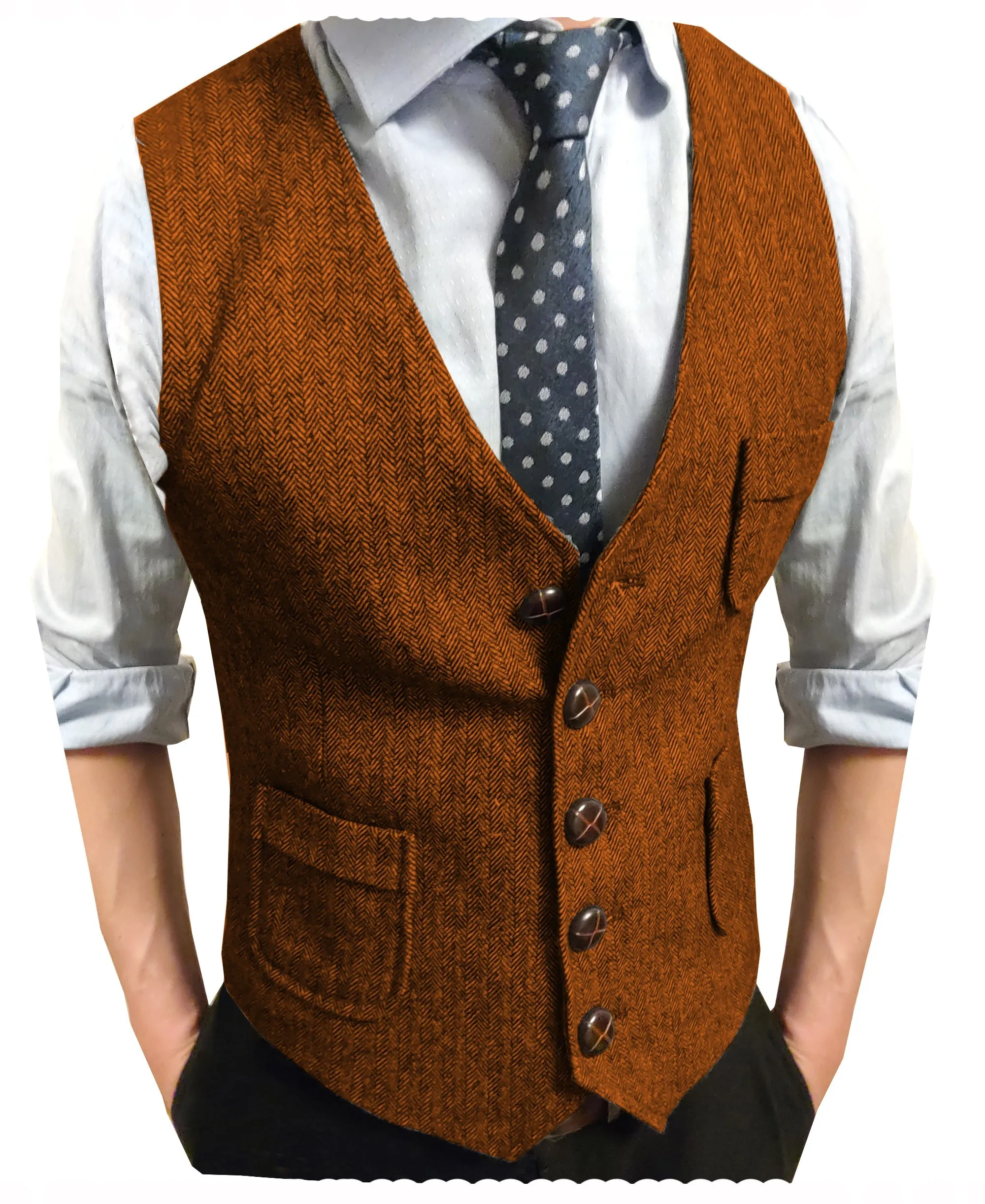 Men's Slim Fit Tweed Herringbone V Neck Waistcoat
