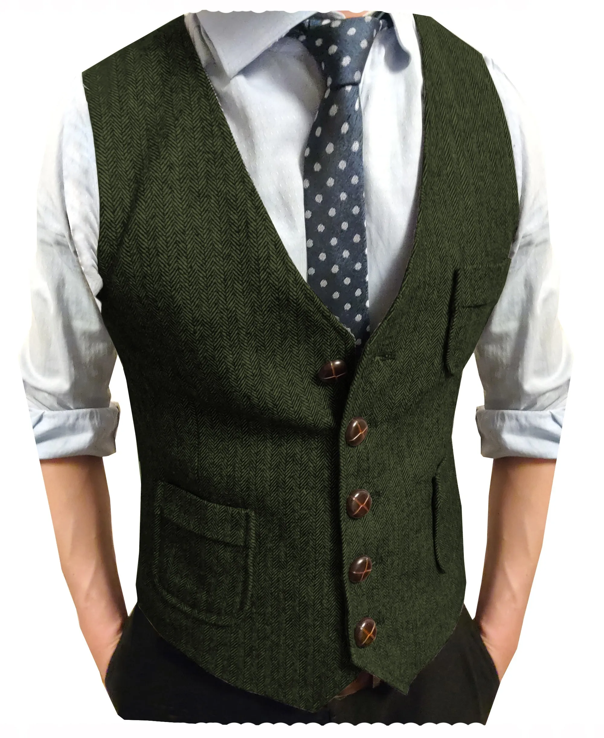 Men's Slim Fit Tweed Herringbone V Neck Waistcoat