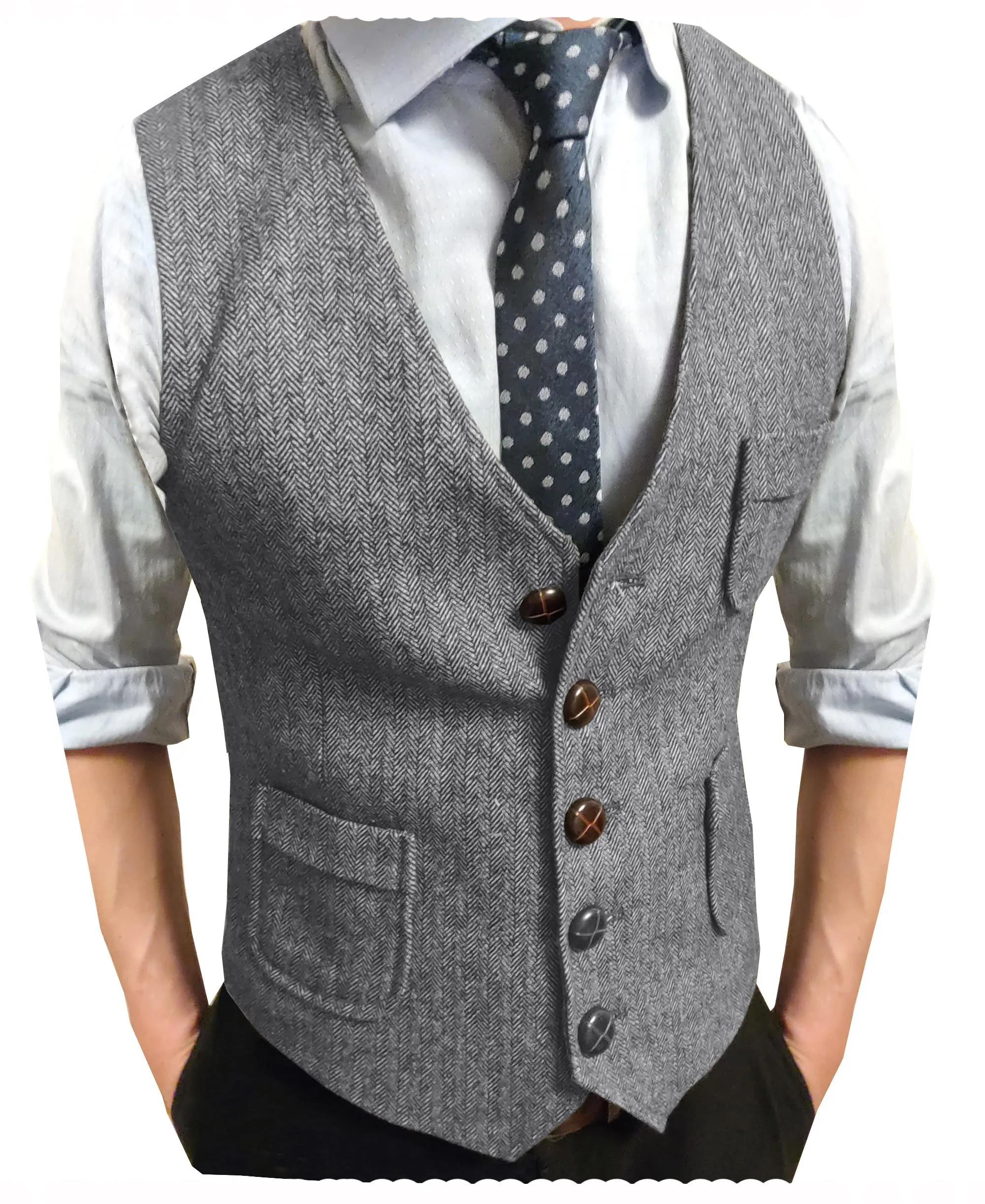 Men's Slim Fit Tweed Herringbone V Neck Waistcoat