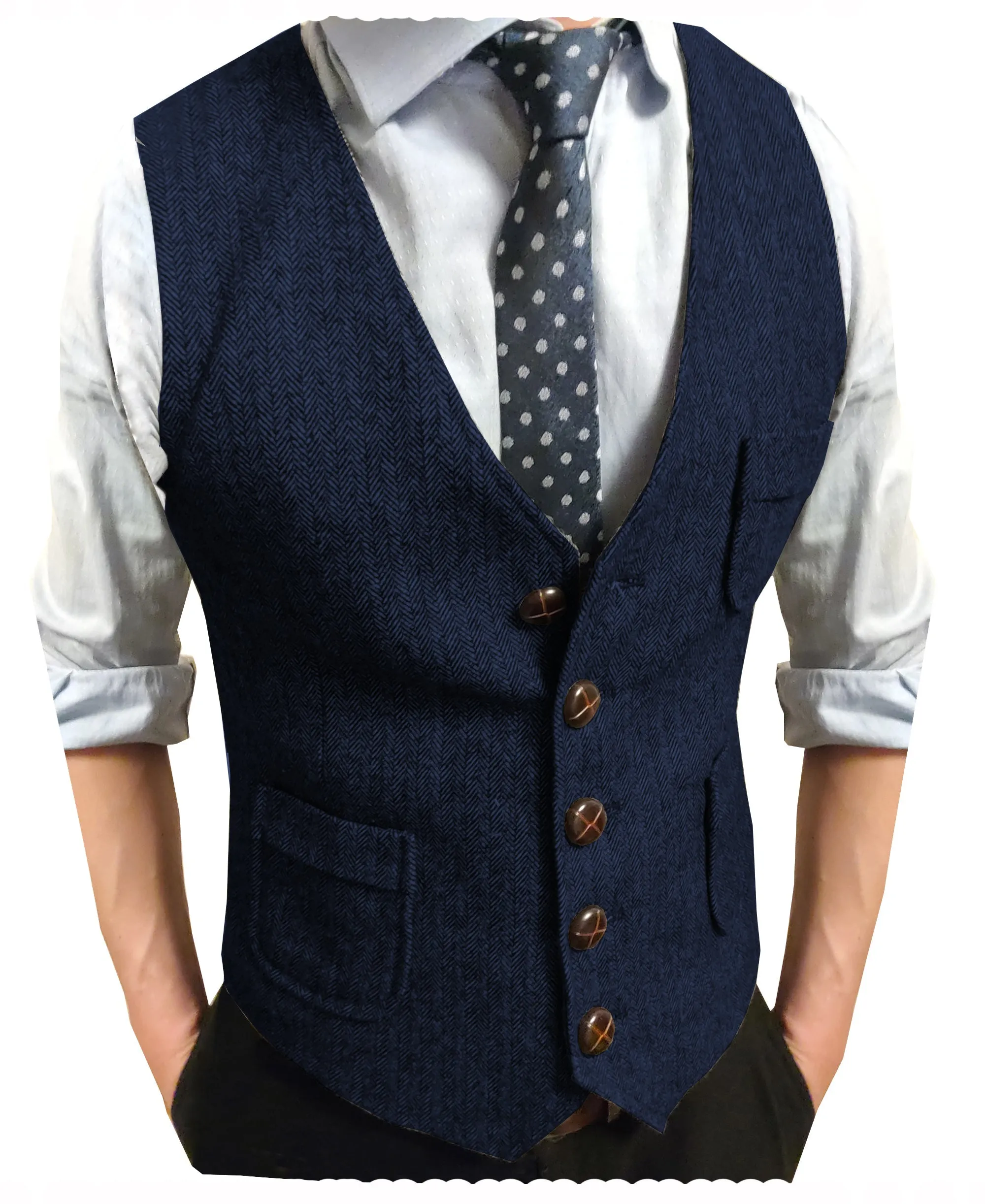 Men's Slim Fit Tweed Herringbone V Neck Waistcoat