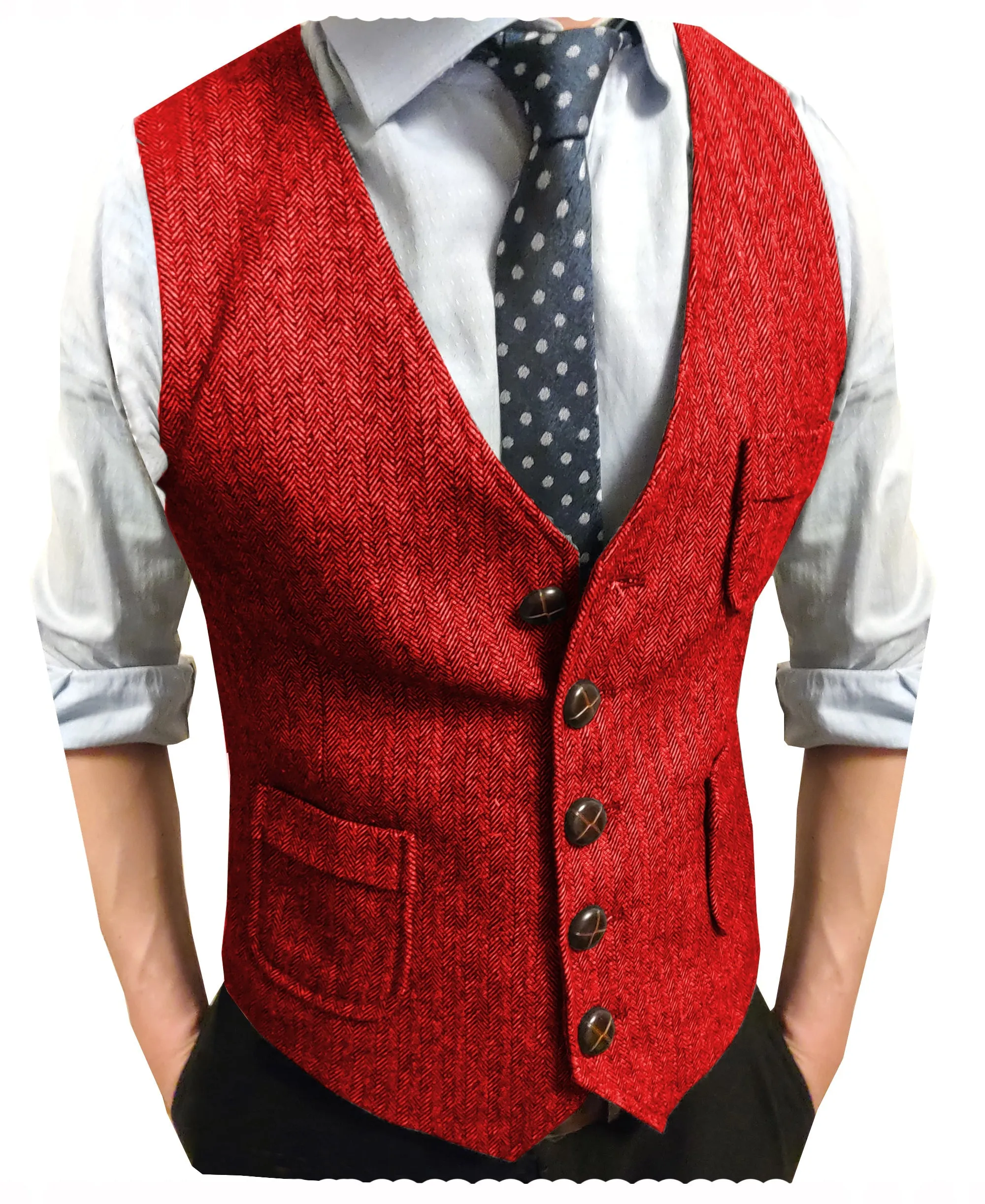 Men's Slim Fit Tweed Herringbone V Neck Waistcoat