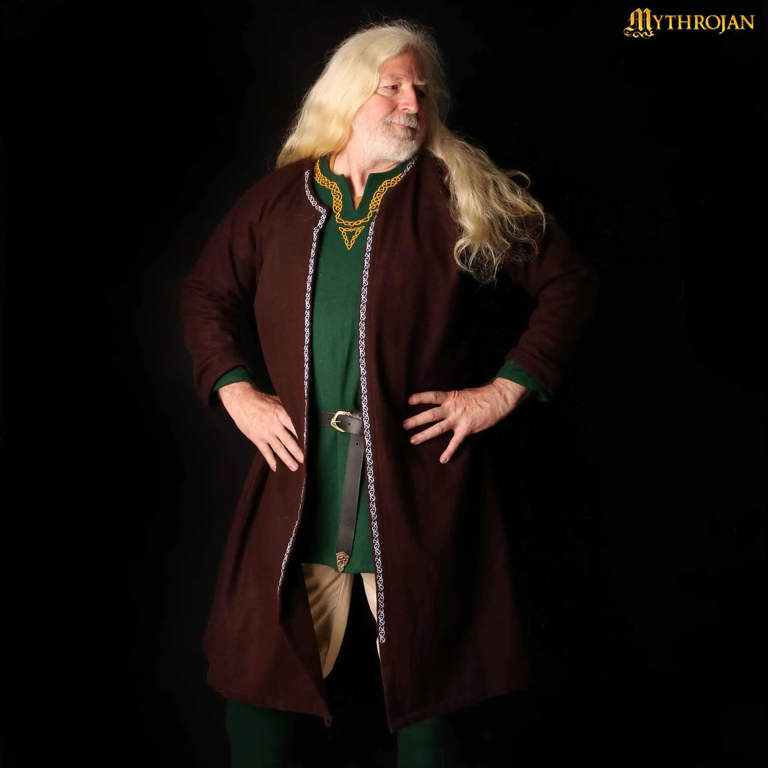 Mythrojan EMBROIDERED Klappenrock WOOLEN VIKING COAT : Hedeby / Haithabu Jarl kaftan LARP Wool - Brown