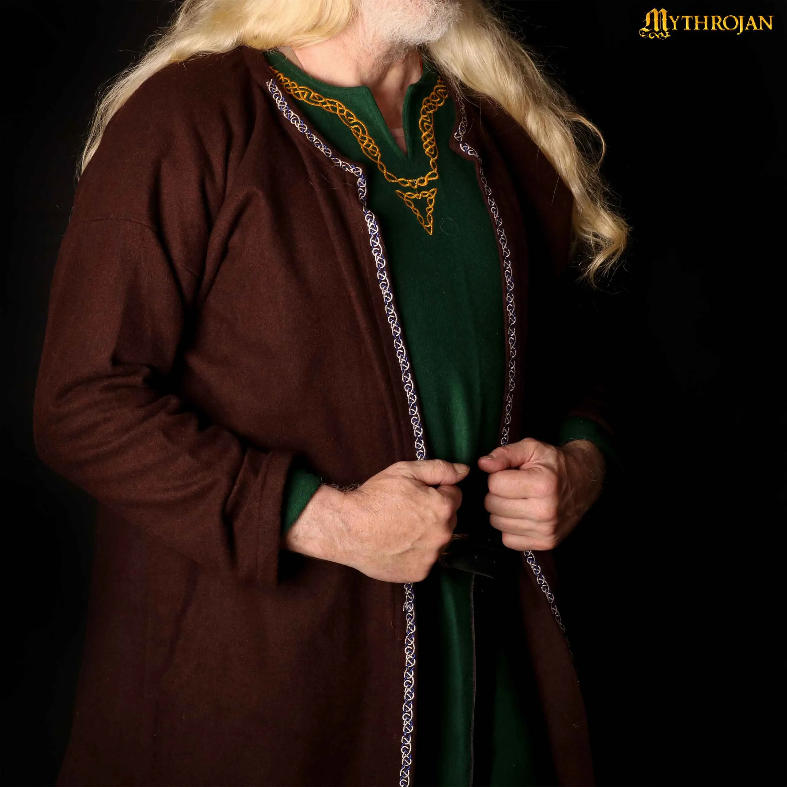 Mythrojan EMBROIDERED Klappenrock WOOLEN VIKING COAT : Hedeby / Haithabu Jarl kaftan LARP Wool - Brown