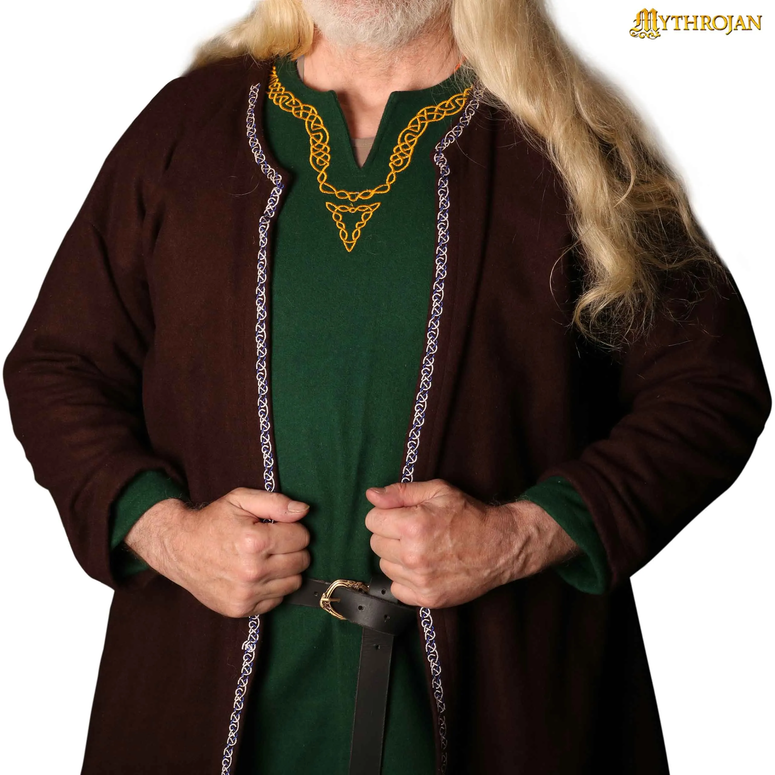 Mythrojan EMBROIDERED Klappenrock WOOLEN VIKING COAT : Hedeby / Haithabu Jarl kaftan LARP Wool - Brown
