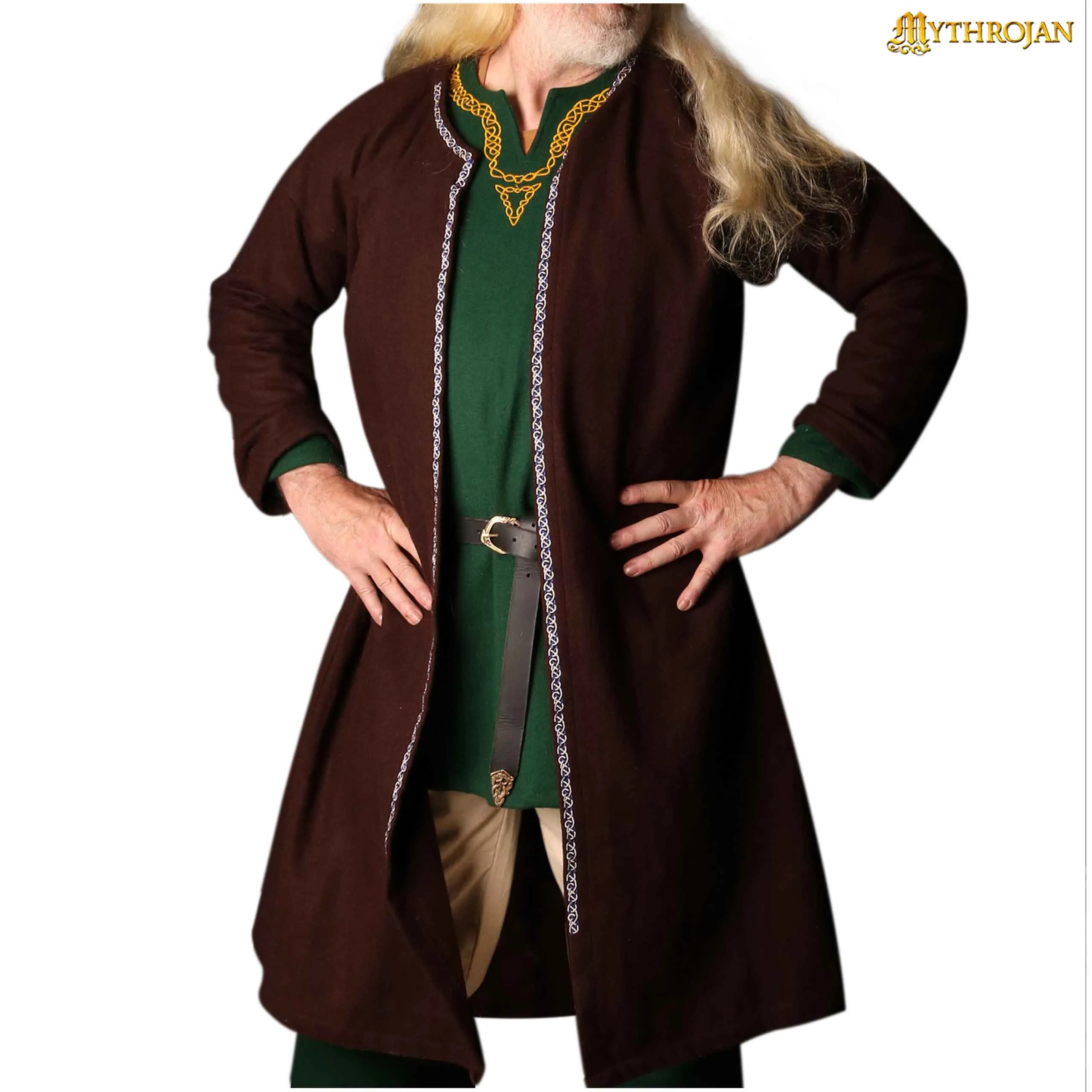 Mythrojan EMBROIDERED Klappenrock WOOLEN VIKING COAT : Hedeby / Haithabu Jarl kaftan LARP Wool - Brown