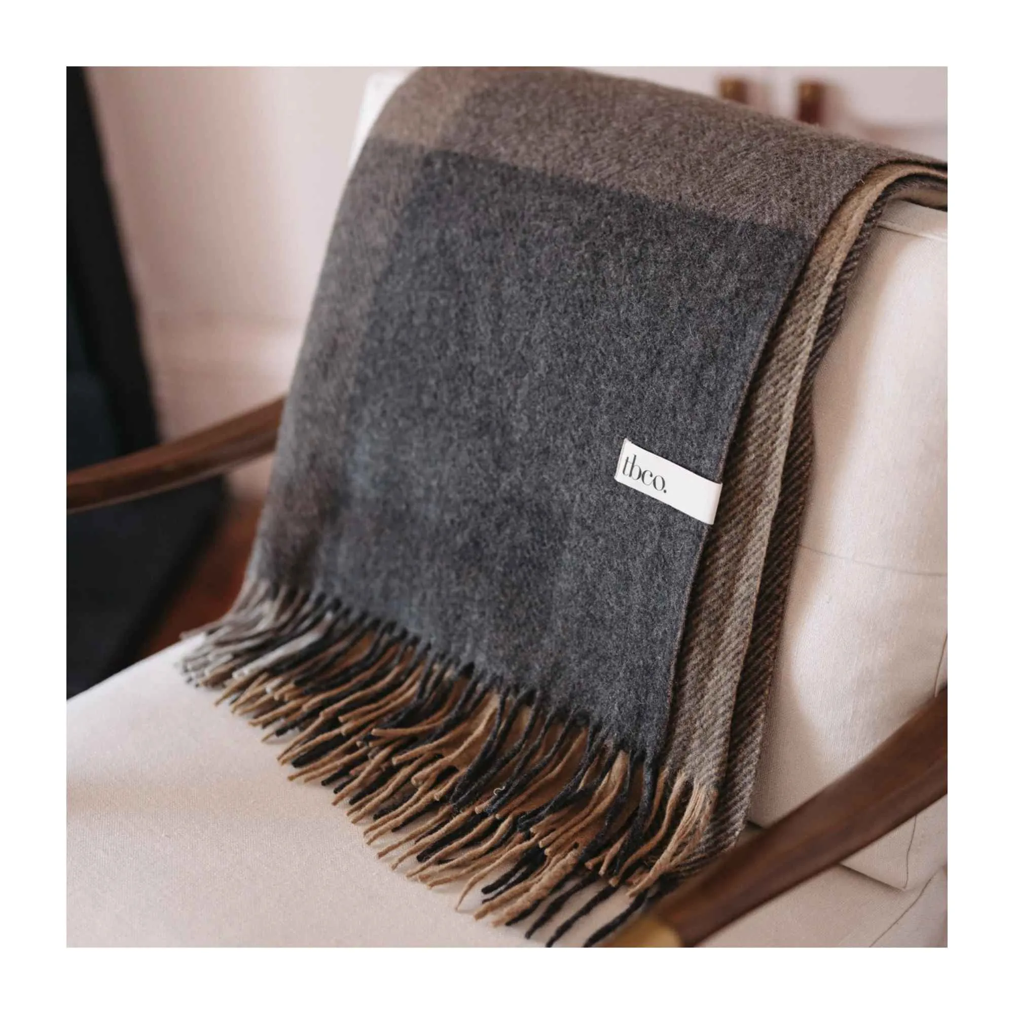 Natural Herringbone Block Check Recycled Wool Blanket