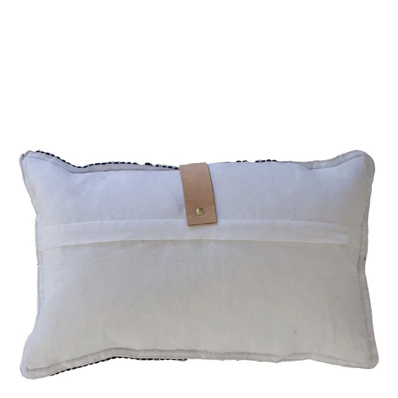 NAVY MERINO WOOL BLEND CUSHION WITH LEATHER 35cm x 55cm
