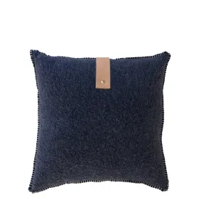 NAVY MERINO WOOL BLEND CUSHION WITH LEATHER 45cm x 45cm