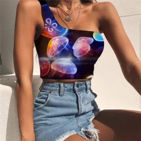 Ocean Vest Tops Women Jellyfish One Shoulder Crop Fluorescence Tees Graphic Colorful Sleeveless Shirt