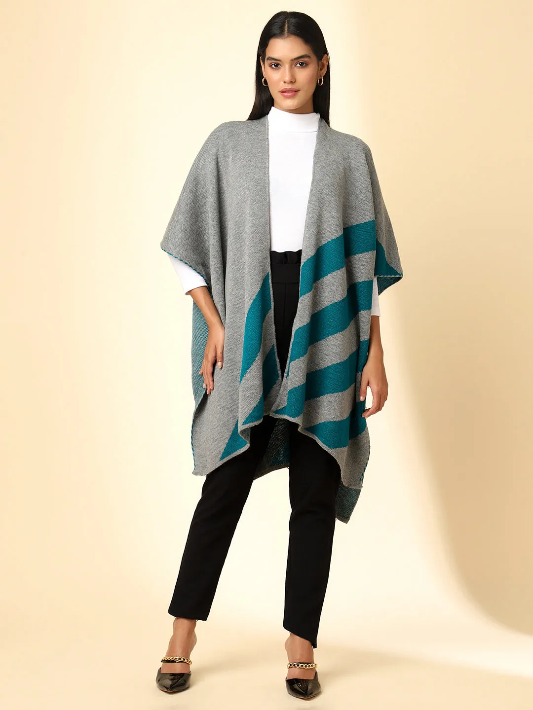 Open Front Striped Knitted Shrug | Grey