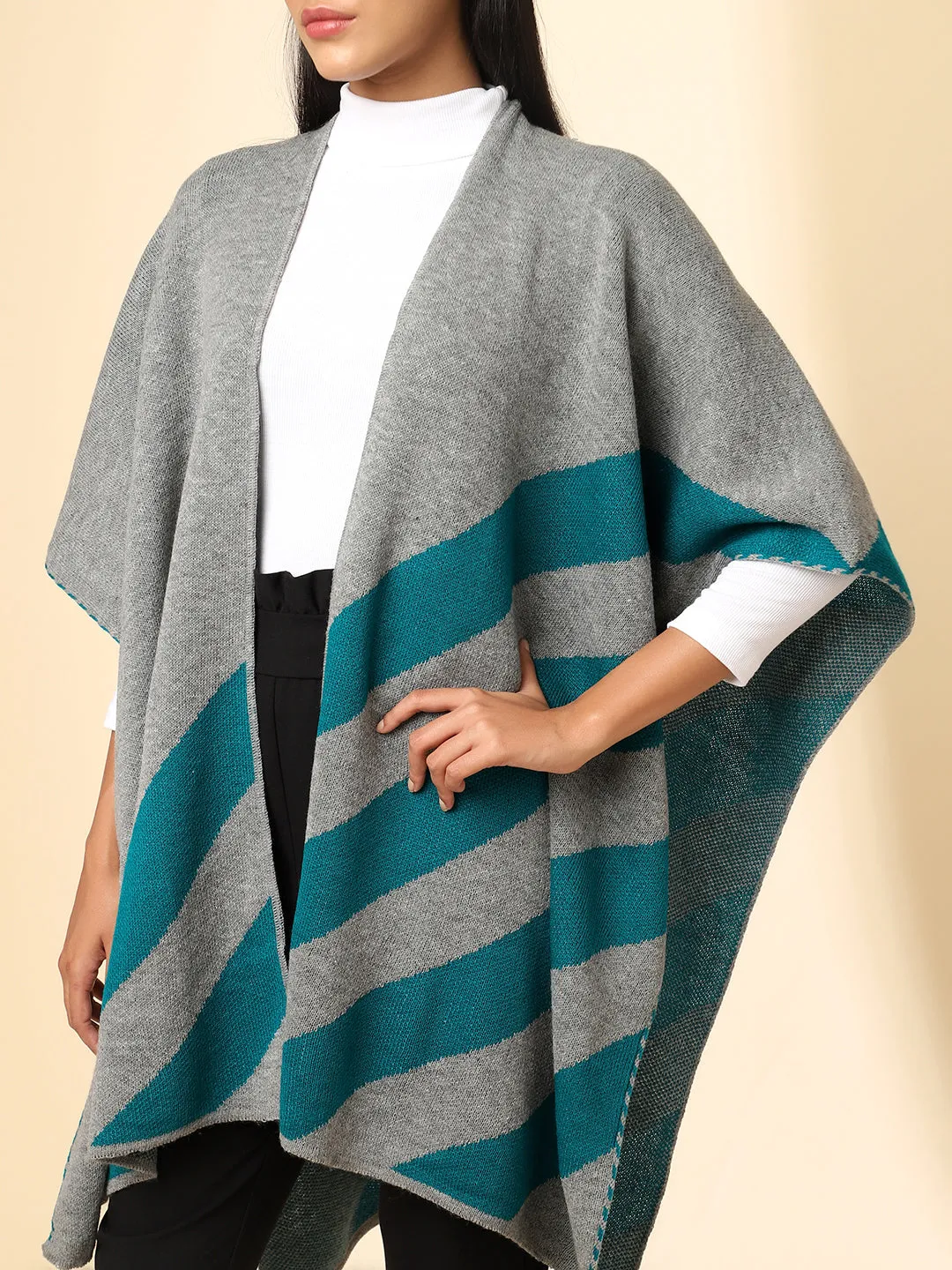 Open Front Striped Knitted Shrug | Grey