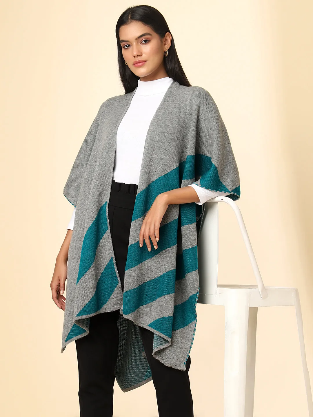 Open Front Striped Knitted Shrug | Grey