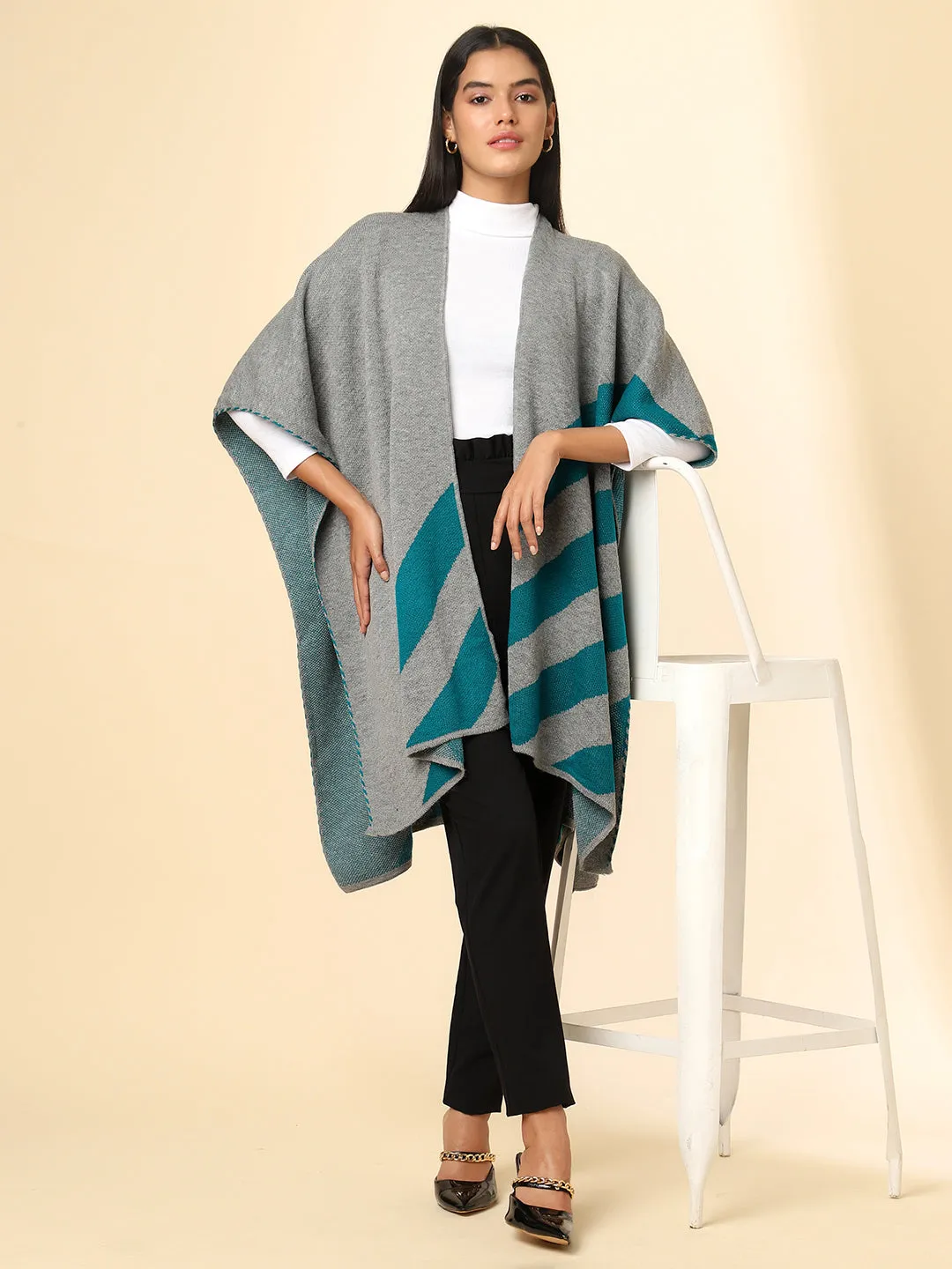 Open Front Striped Knitted Shrug | Grey