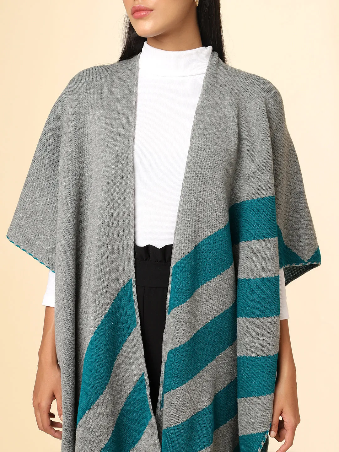 Open Front Striped Knitted Shrug | Grey