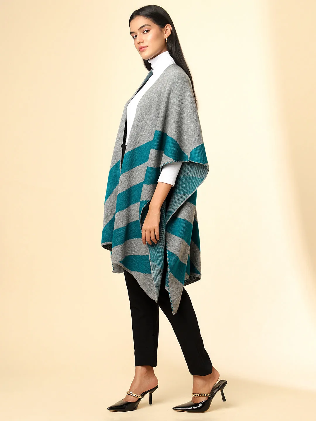 Open Front Striped Knitted Shrug | Grey