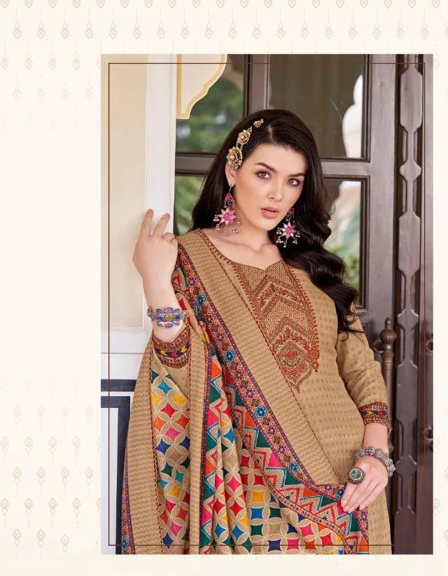 Pashmina Beige Unstitched Winter Suits With Printed Dupatta
