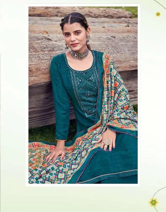 Pashmina Blue Winter Unstitched Suit Material With Dupatta