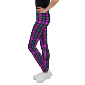 Pink Green Plaid Print Tights, Kids Girl Bottoms Winter Essentials Pink Plaid Sports Gym Youth Leggings, Made in USA/EU