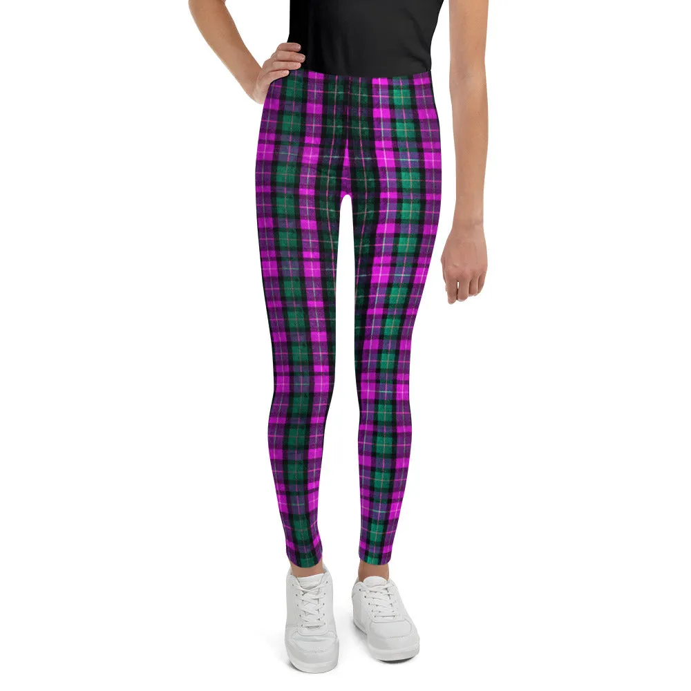 Pink Green Plaid Print Tights, Kids Girl Bottoms Winter Essentials Pink Plaid Sports Gym Youth Leggings, Made in USA/EU