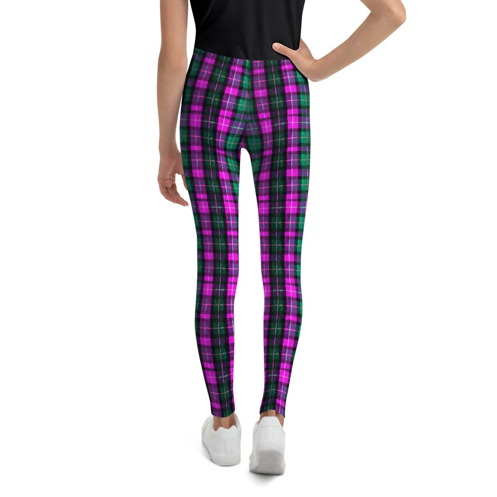 Pink Green Plaid Print Tights, Kids Girl Bottoms Winter Essentials Pink Plaid Sports Gym Youth Leggings, Made in USA/EU