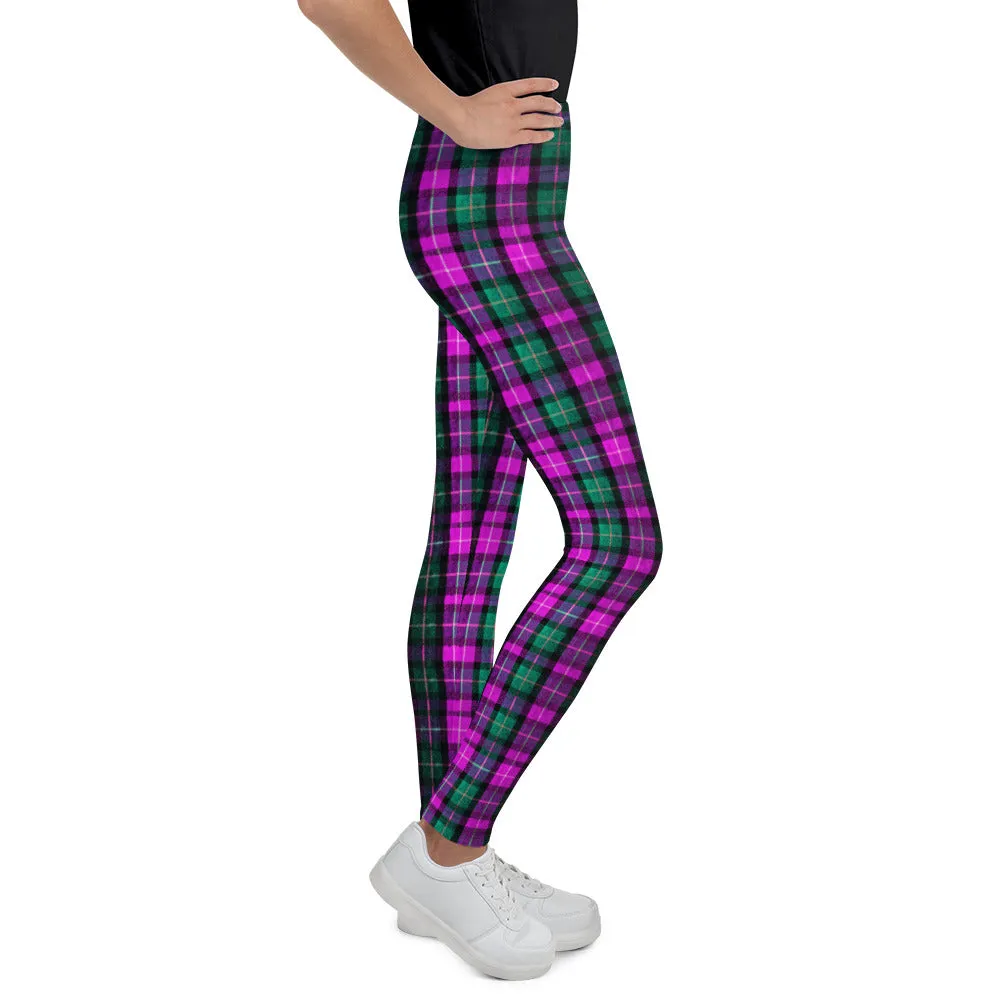 Pink Green Plaid Print Tights, Kids Girl Bottoms Winter Essentials Pink Plaid Sports Gym Youth Leggings, Made in USA/EU