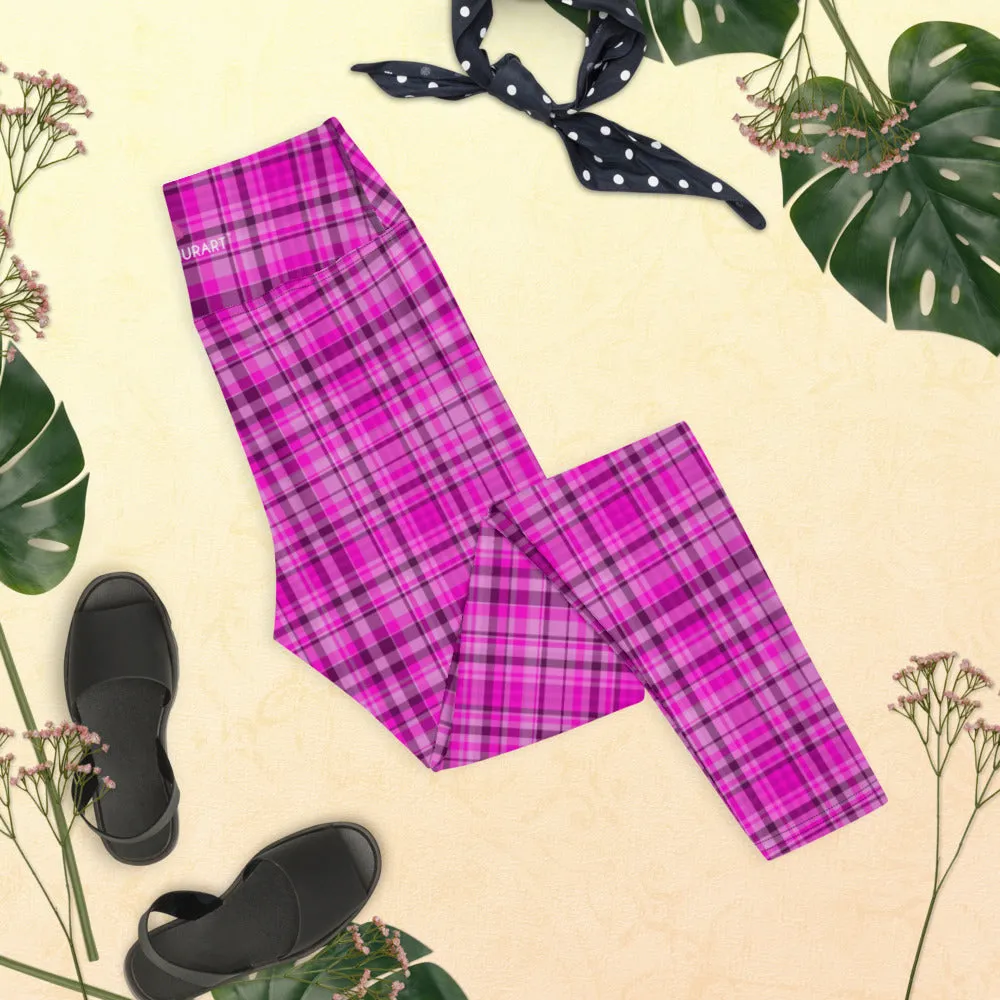 Pink Plaid Print Yoga Leggings, Tartan Scottish Style Classic Women's Long Yoga Pants - Made in USA/EU