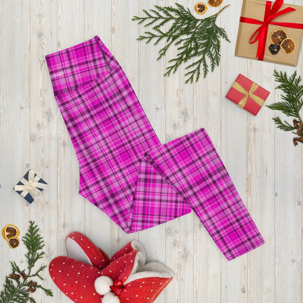 Pink Plaid Print Yoga Leggings, Tartan Scottish Style Classic Women's Long Yoga Pants - Made in USA/EU