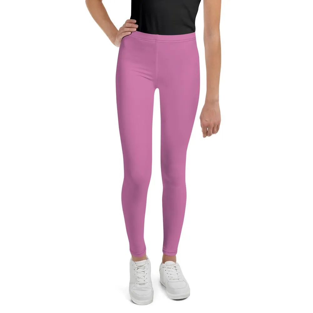 Pink Solid Color Premium Youth Leggings Sports Compression Tights -Made in USA/EU