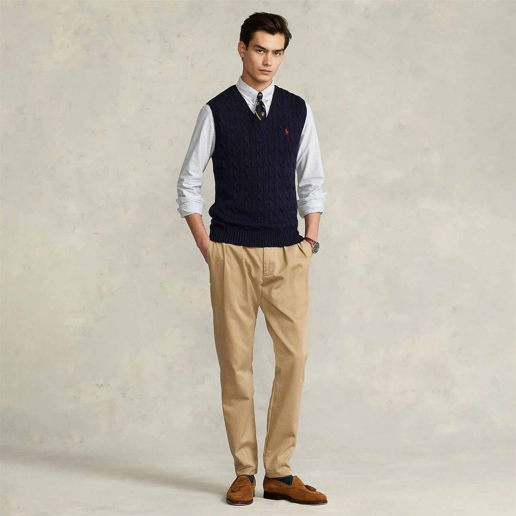 Polo Golf Cable Knit Cotton Vest Hunter Navy - AW24