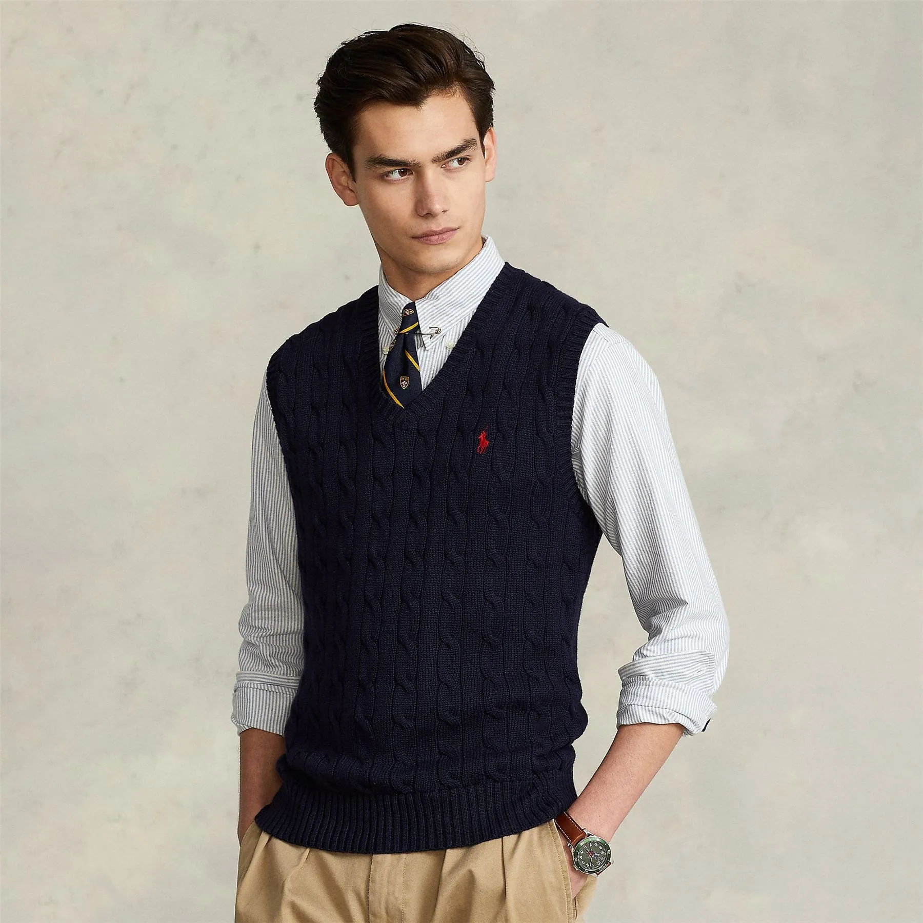 Polo Golf Cable Knit Cotton Vest Hunter Navy - AW24