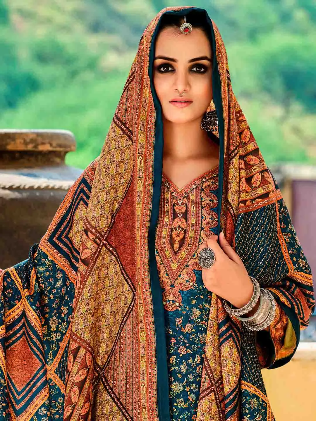 Printed Blue Wool Pashmina Unstitched Winter Suits